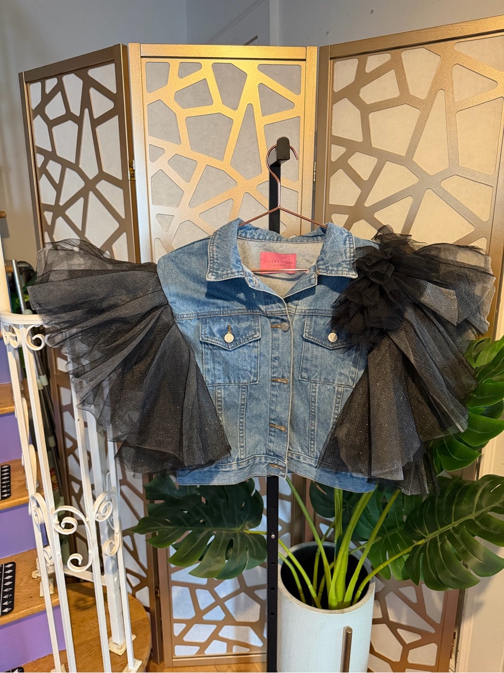 Azalea Wang Tulle Puff Sleeve Denim Jacket S